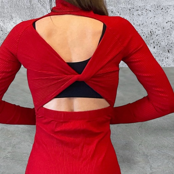 Enza Costa Viscose Rib Twist Back, Long Sleeve Red Midi Cocktail Dress, Sz S - Picture 8 of 14